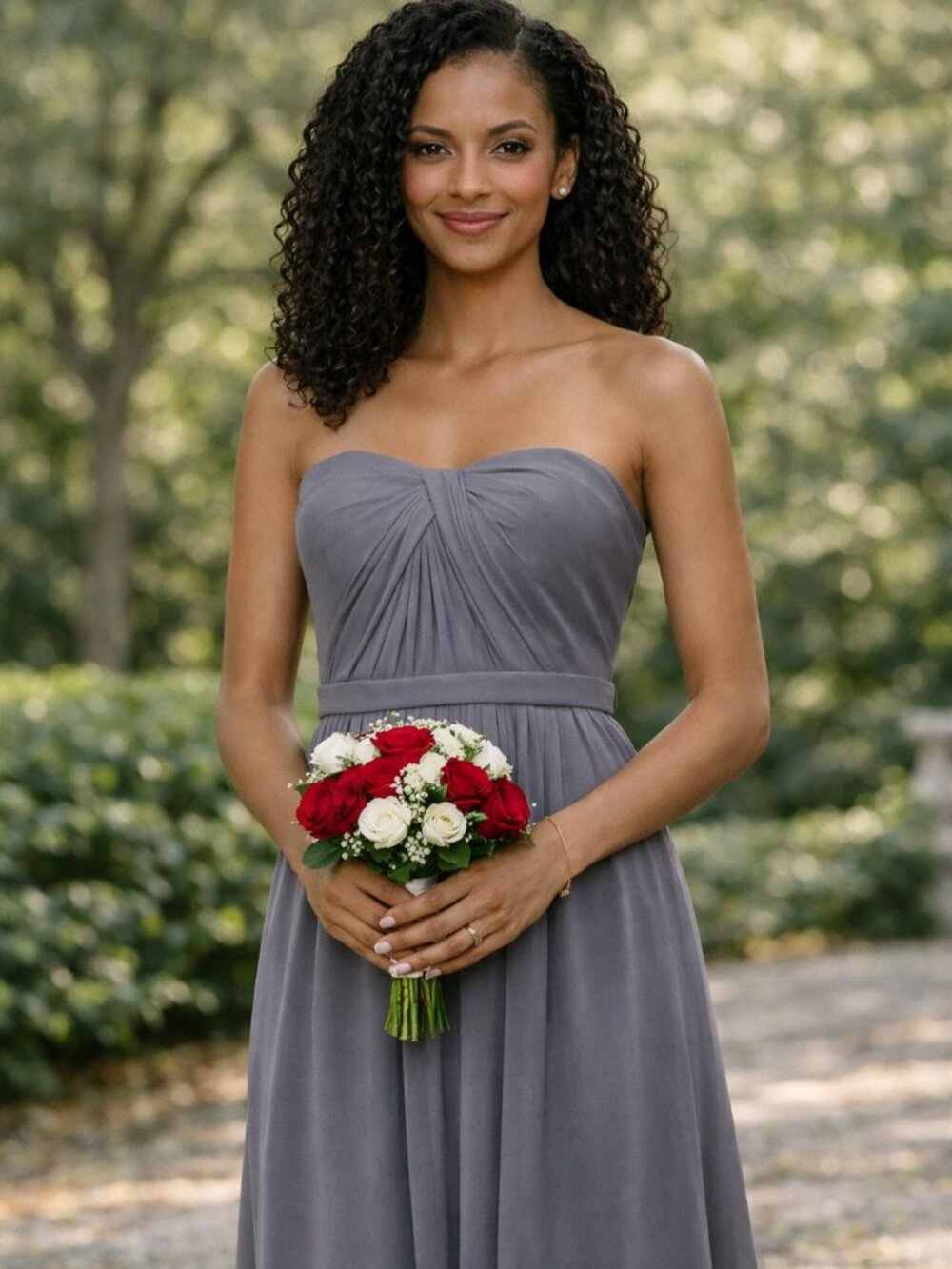 Pewter Strapless Chiffon Evening Gown Bridesmaid's Maxi Dress